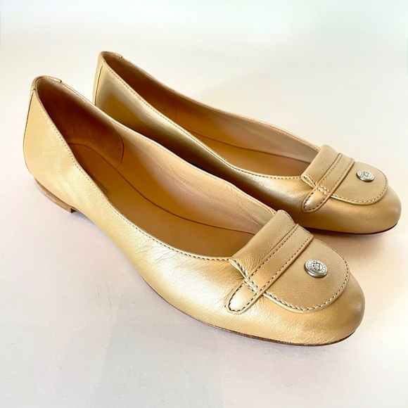 Longchamp Le Pliage Cuir Leather Ballet Flats 40/Gold platinum New with box - Picture 1 of 11